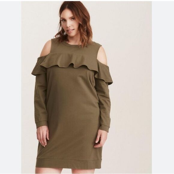 Torrid ruffled knit sweatshirt dress. Olive green. - Picture 13 of 13